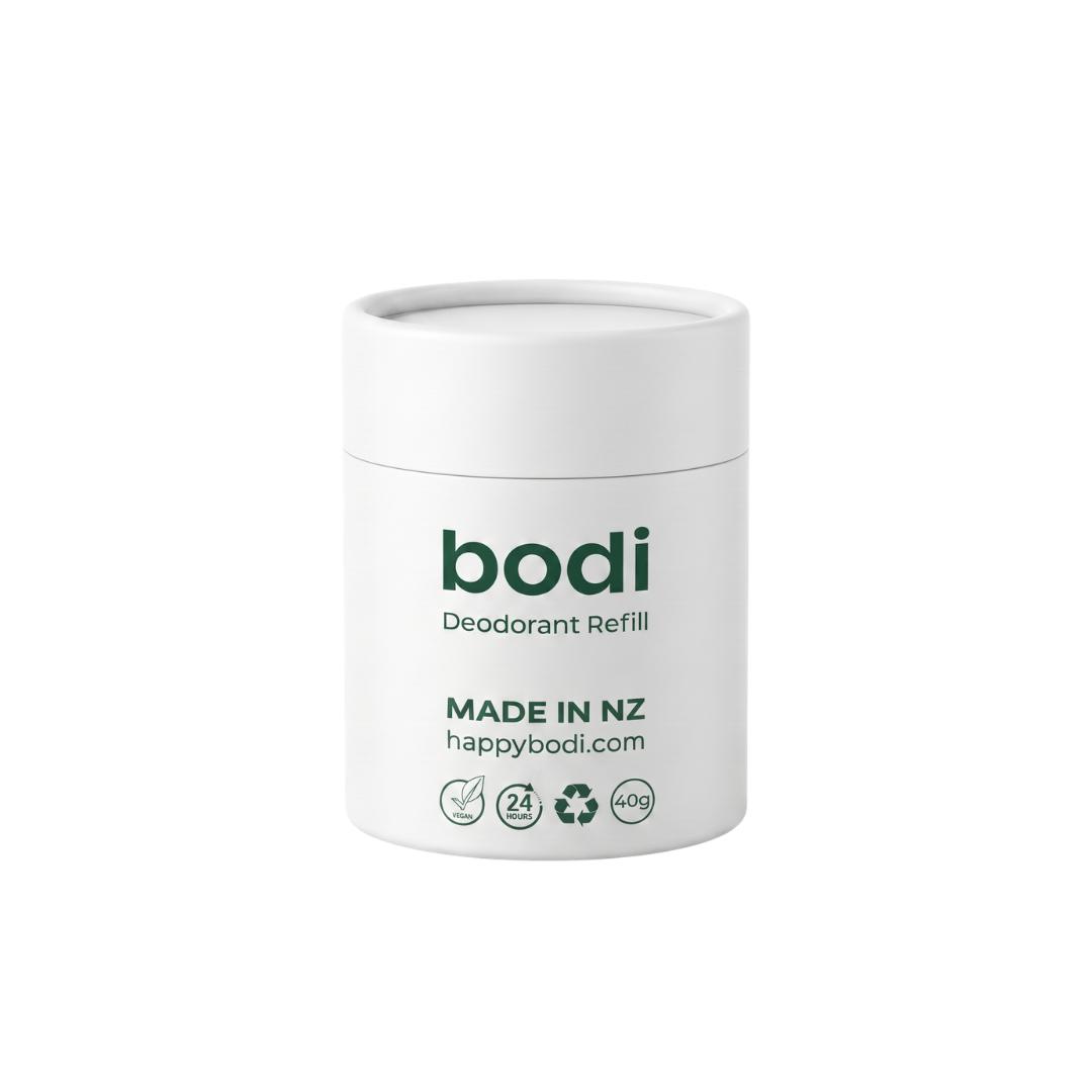 A compostable bodi refill pod alongside its kraft paper sleeve