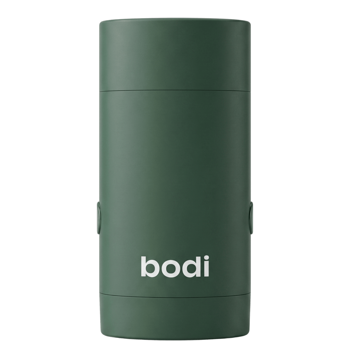 bodi refillable deodorant case in green, closed, front view on a dark green background