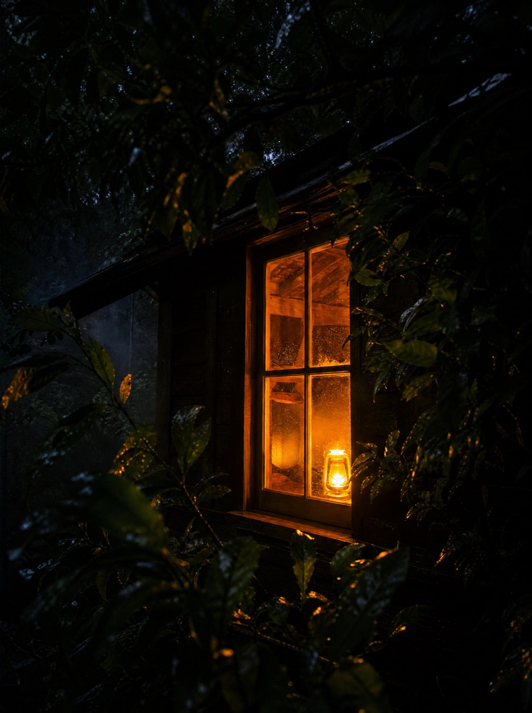 The hut window glowing warm amber through dark wet bush