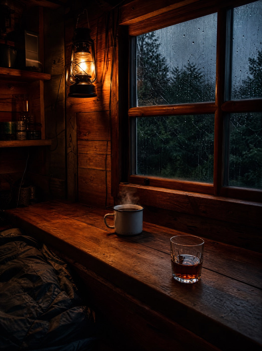 Inside the hut: warm timber, a slow pour on the bench
