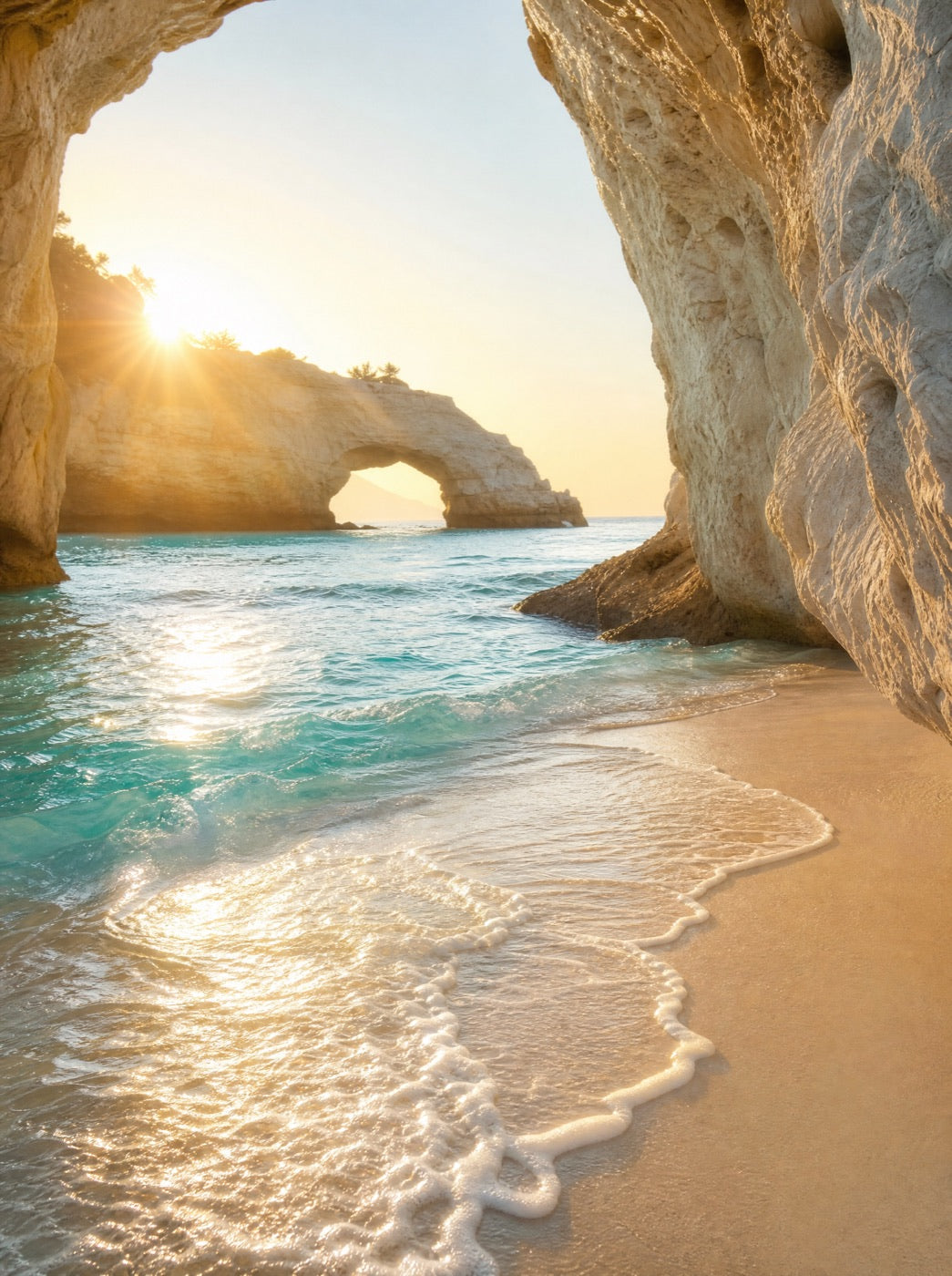 Turquoise shallows sparkling at sunrise inside the cove