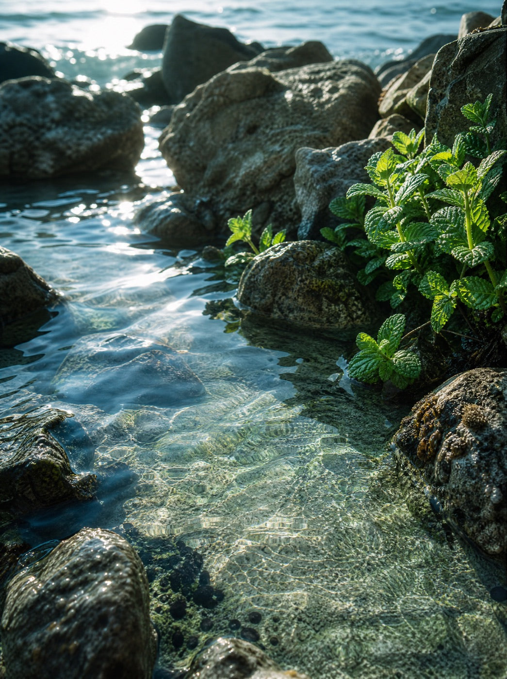 A clear rockpool with wild mint between wet stones