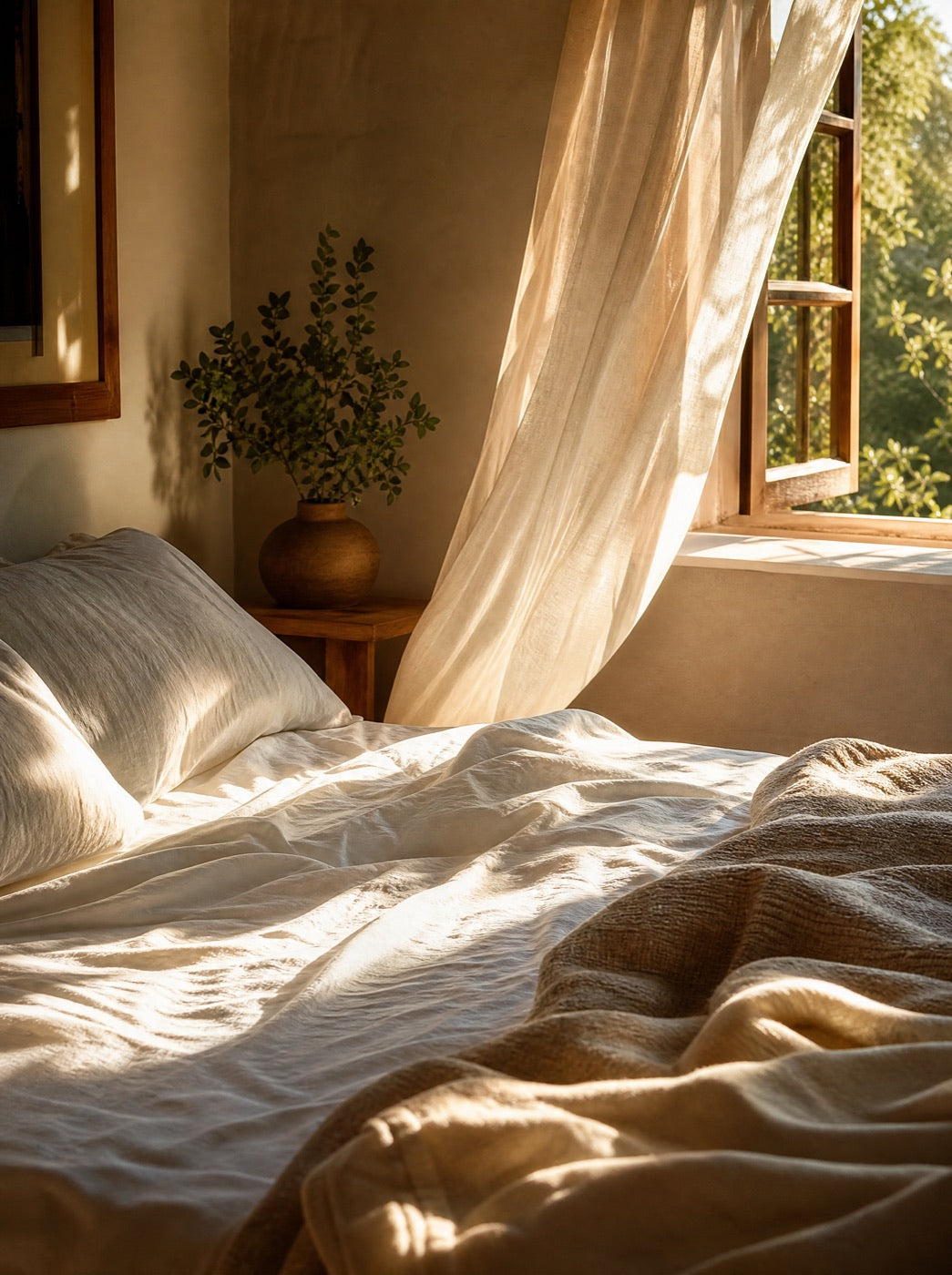 Late sun raking across white linen on a made bed