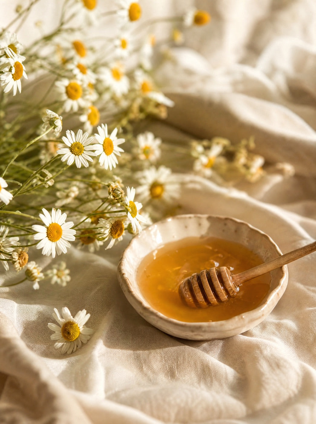 White flowers and honey on cream linen
