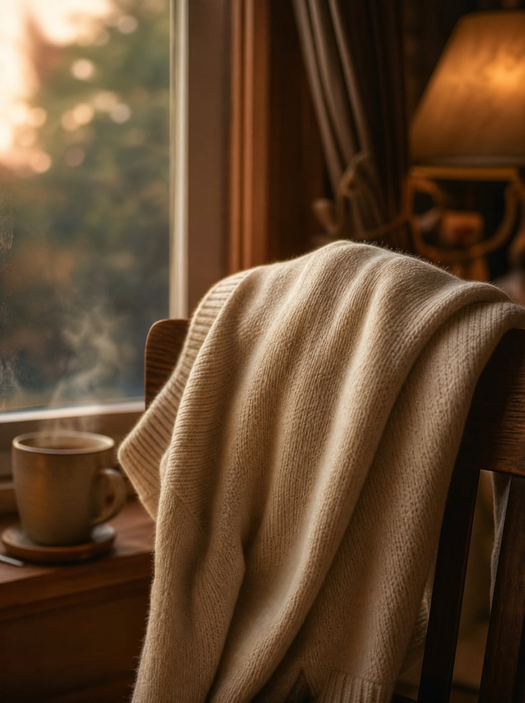 A cream wool jumper over a chair in evening lamplight