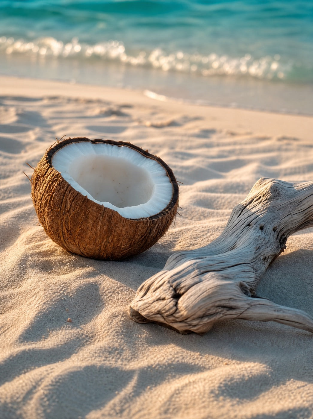 A split coconut and driftwood on pale sand