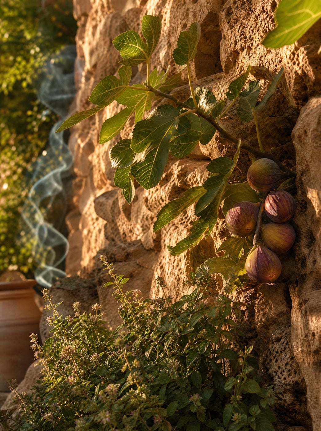 Figs ripening against a warm stone wall
